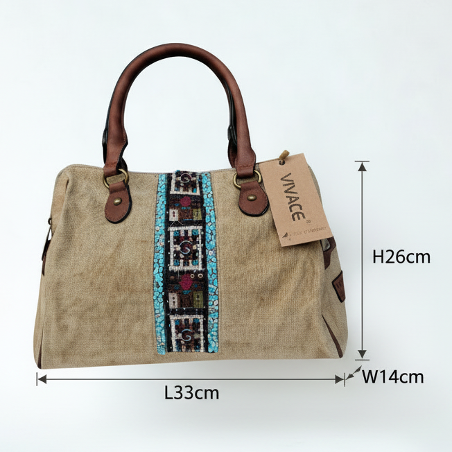 Vivace Handbag: KHAKI canvas handbag with BOHEMIAN ART and PU LEATHER DETAIL