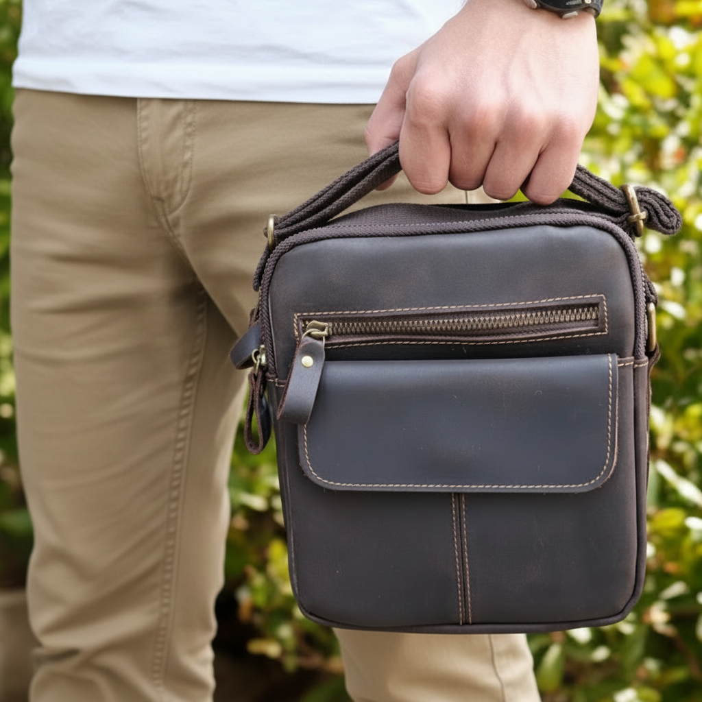 Male model holding a brown vivace genuine leather sling bag with a blurred green background