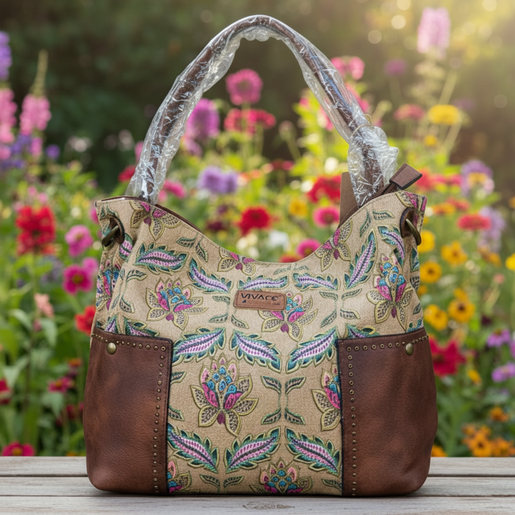 Vivace Handbag: BEIGE Canvas with multicolour pattern and BROWN PU leather trim