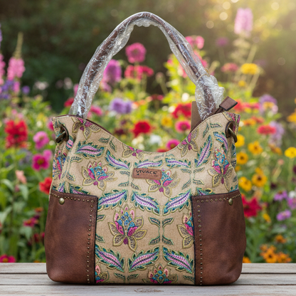 Vivace Handbag: BEIGE Canvas with multicolour pattern and BROWN PU leather trim