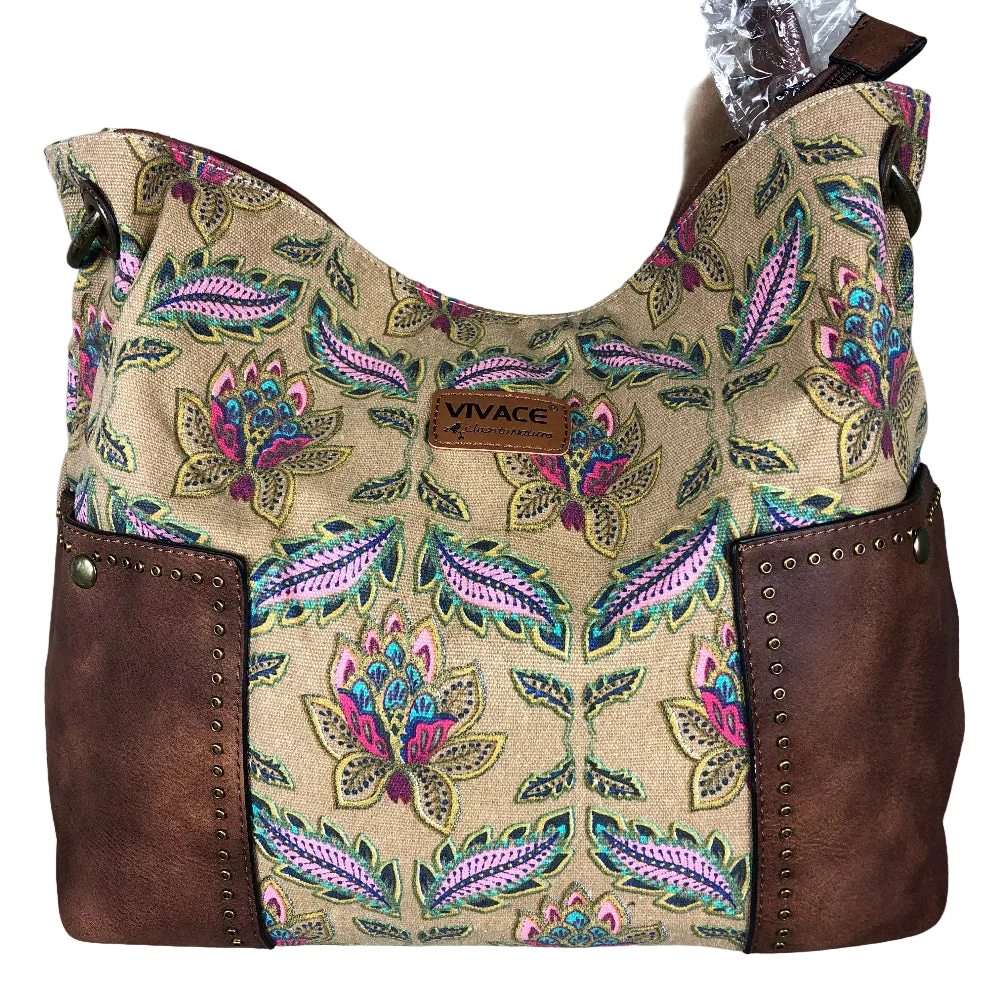 Vivace Handbag: BEIGE Canvas with multicolour pattern and BROWN PU leather trim