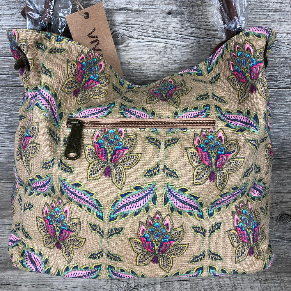 Vivace Handbag: BEIGE Canvas with multicolour pattern and BROWN PU leather trim