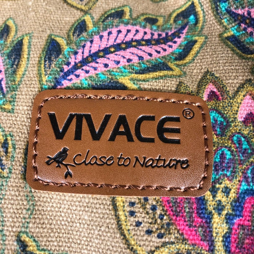 Vivace Handbag: BEIGE Canvas with multicolour pattern and BROWN PU leather trim BRANDED