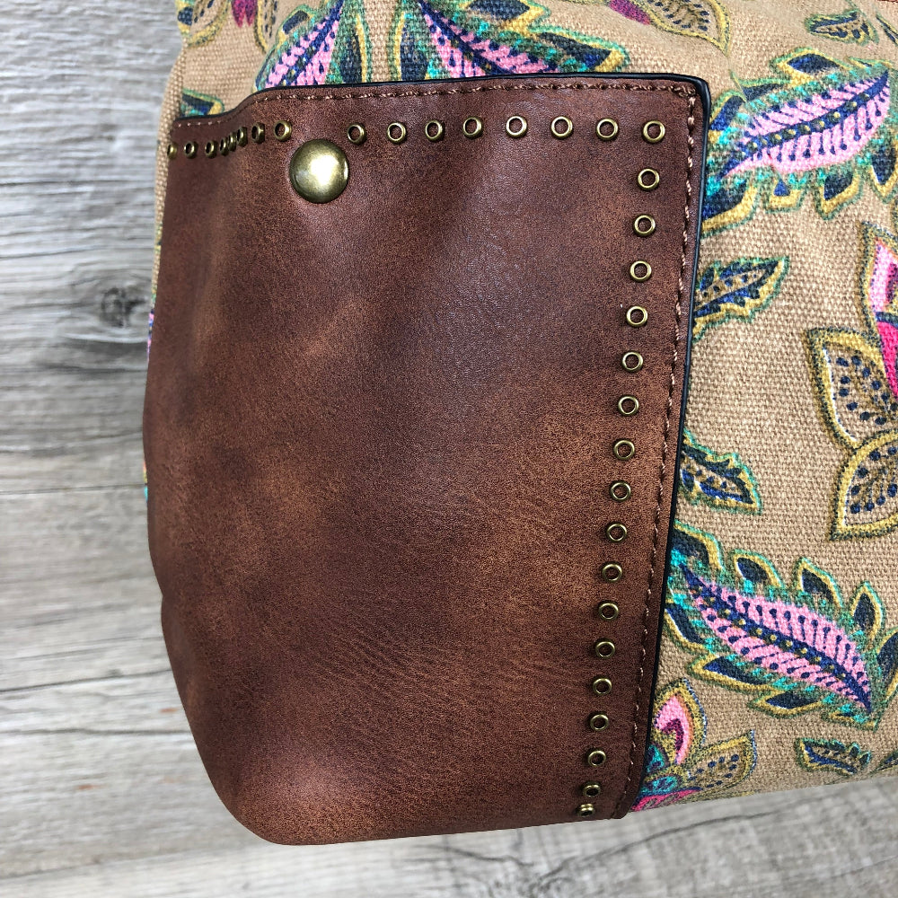 Vivace Handbag: BEIGE Canvas with multicolour pattern and BROWN PU leather trim