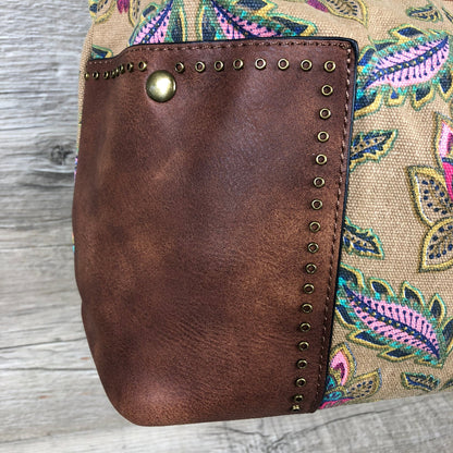 Vivace Handbag: BEIGE Canvas with multicolour pattern and BROWN PU leather trim