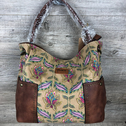 Vivace Handbag: BEIGE Canvas with multicolour pattern and BROWN PU leather trim
