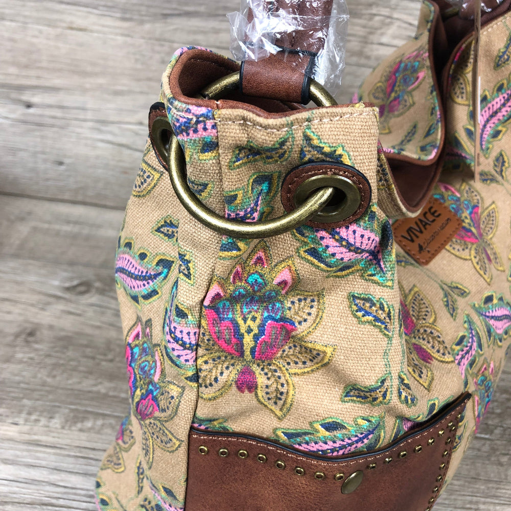 Vivace Handbag: BEIGE Canvas with multicolour pattern and BROWN PU leather trim
