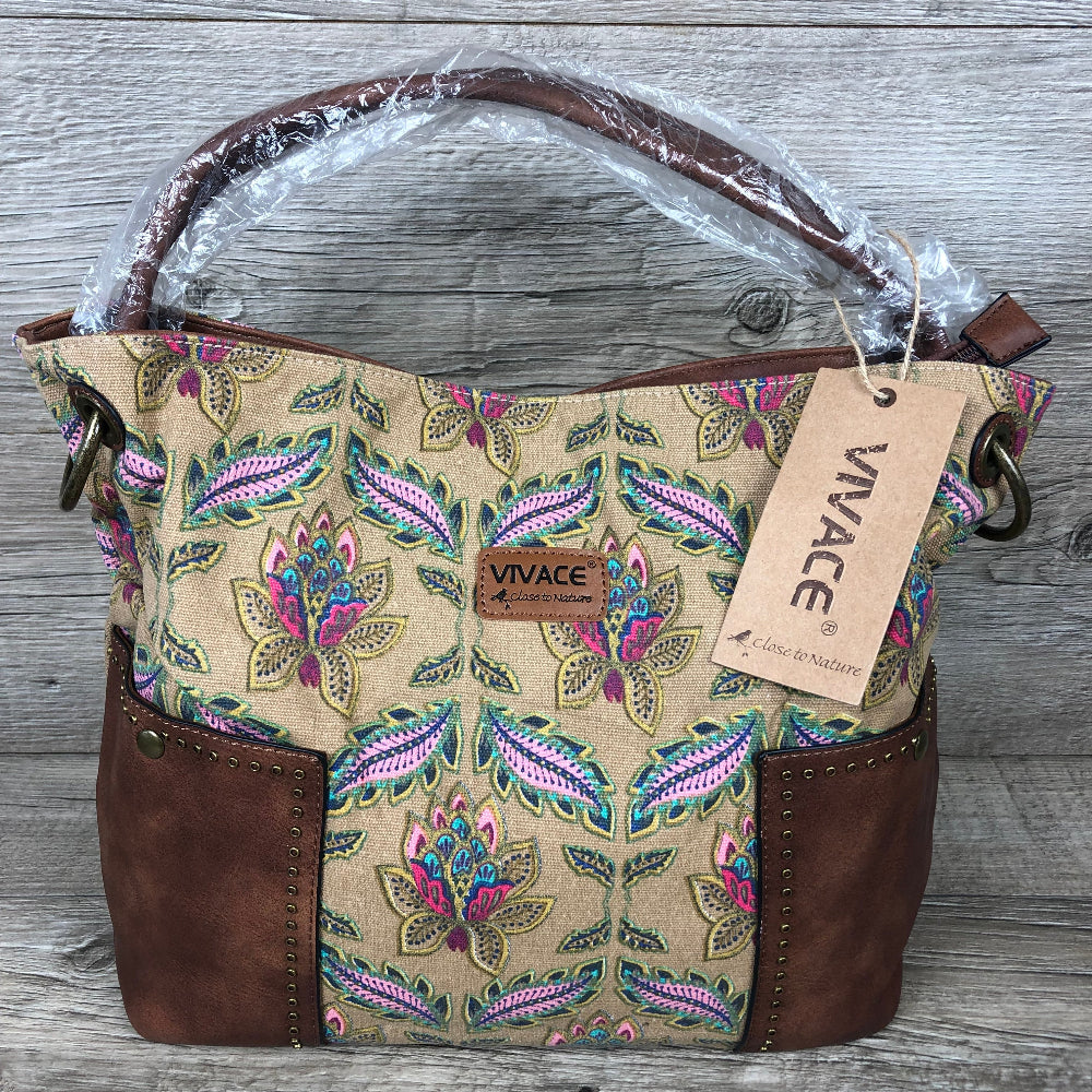 Vivace Handbag: BEIGE Canvas with multicolour pattern and BROWN PU leather trim FRONT