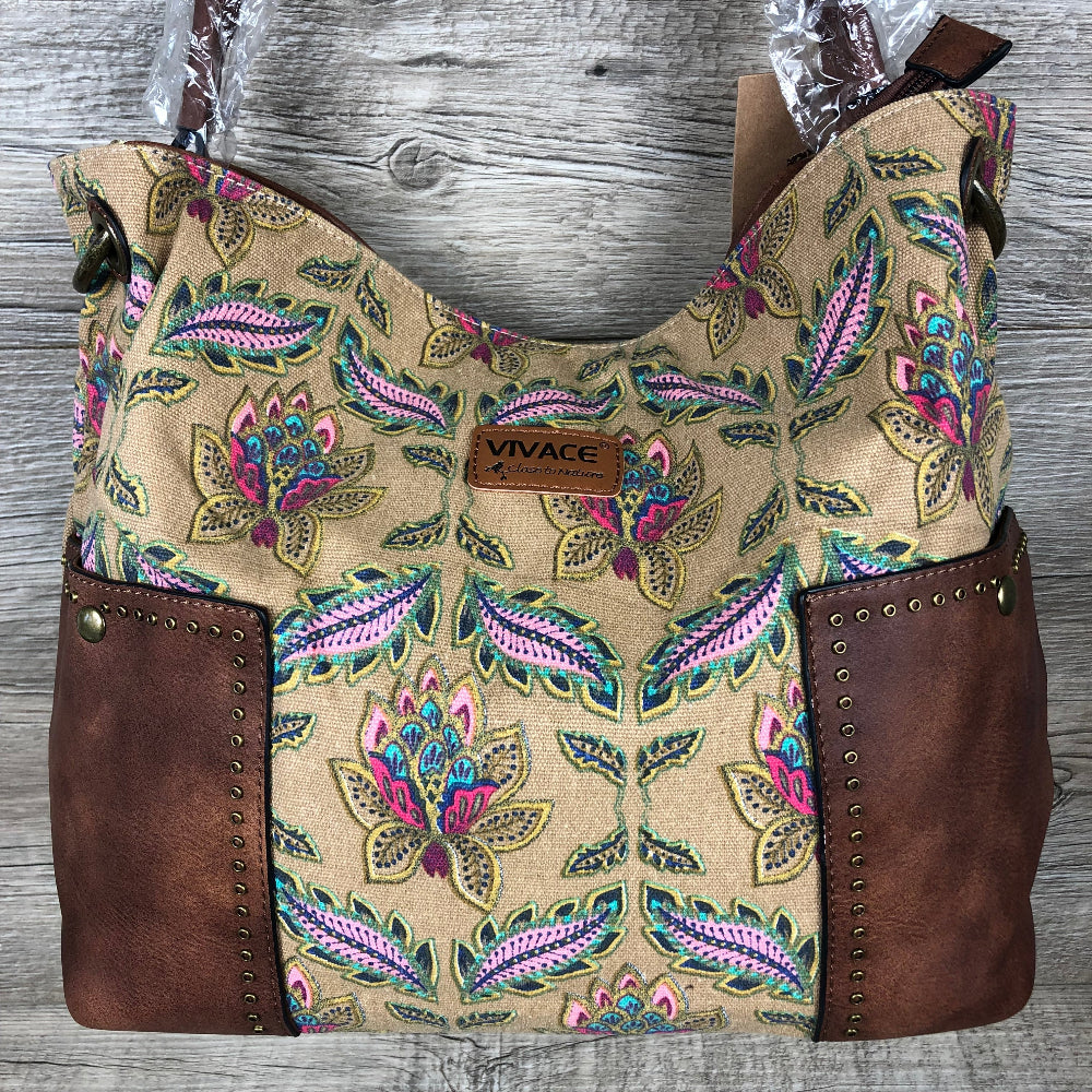 Vivace Handbag: BEIGE Canvas with multicolour pattern and BROWN PU leather trim