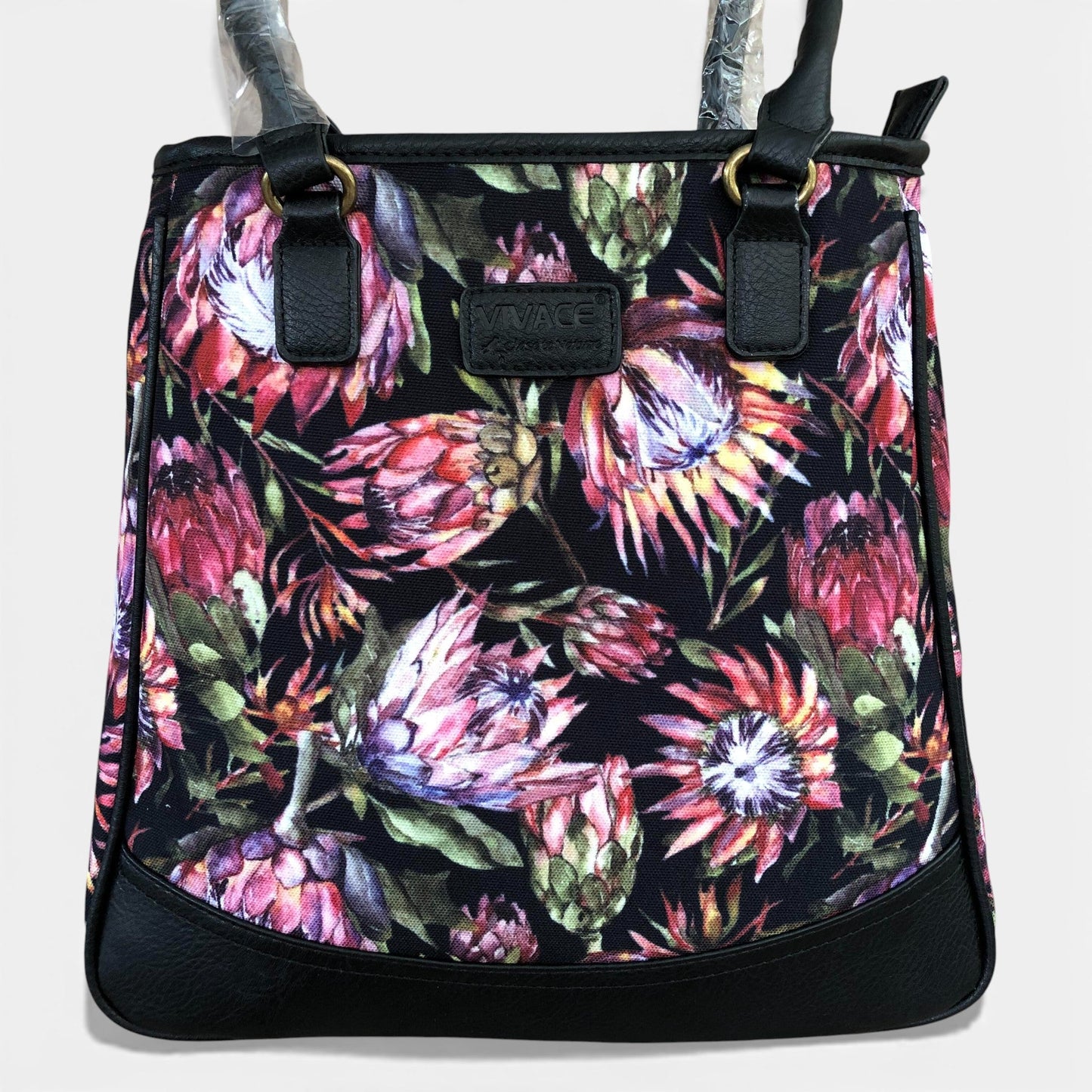 Vivace Handbag: BLACK Canvas Handbag with BLACK PU Leather Trim and PROTEA design