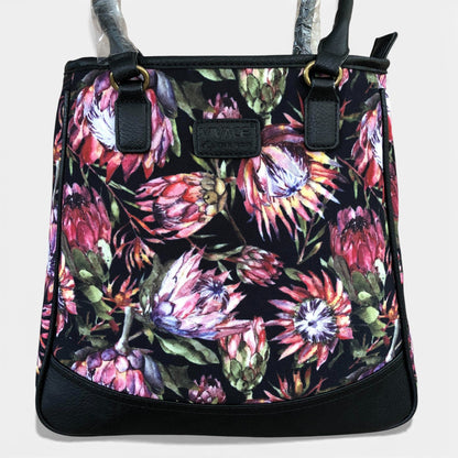 Vivace Handbag: BLACK Canvas Handbag with BLACK PU Leather Trim and PROTEA design