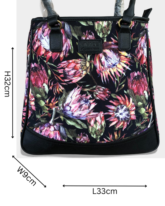 Vivace Handbag: BLACK Canvas Handbag with BLACK PU Leather Trim and PROTEA design