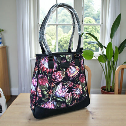 Vivace Handbag: BLACK Canvas Handbag with BLACK PU Leather Trim and PROTEA design