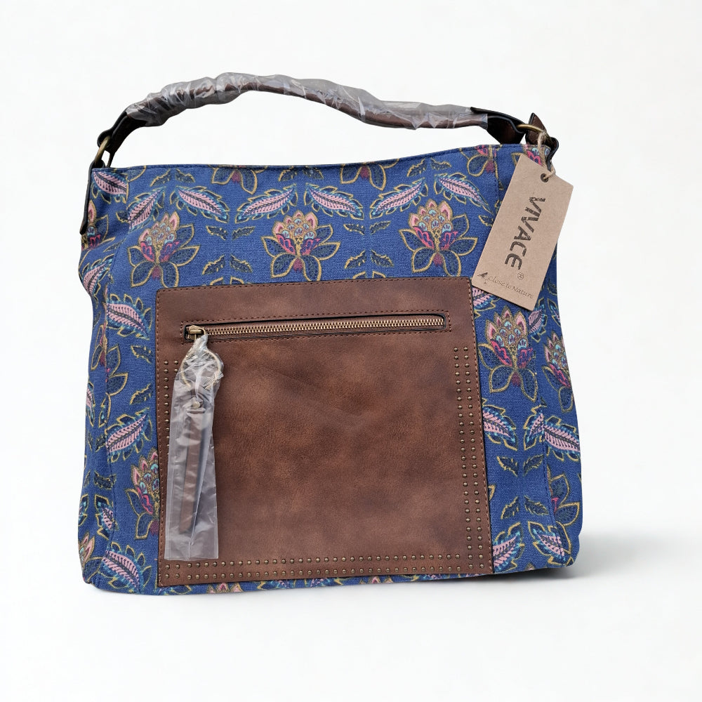 VIVACE Handbag: BLUE Canvas Handbag with MULTICOLOUR FLOWERS and BROWN PU Leather Trim