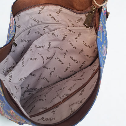 VIVACE Handbag: BLUE Canvas Handbag with MULTICOLOUR FLOWERS and BROWN PU Leather Trim