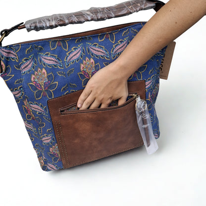 VIVACE Handbag: BLUE Canvas Handbag with MULTICOLOUR FLOWERS and BROWN PU Leather Trim