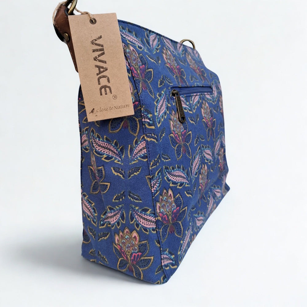 VIVACE Handbag: BLUE Canvas Handbag with MULTICOLOUR FLOWERS and BROWN PU Leather Trim