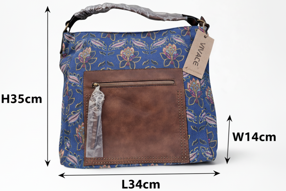 VIVACE Handbag: BLUE Canvas Handbag with MULTICOLOUR FLOWERS and BROWN PU Leather Trim