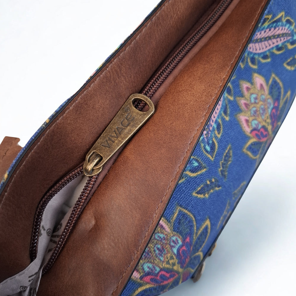 VIVACE Handbag: BLUE Canvas Handbag with MULTICOLOUR FLOWERS and BROWN PU Leather Trim