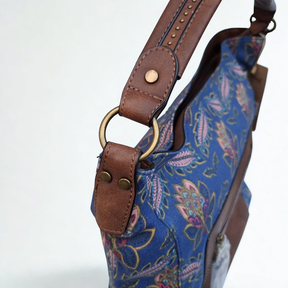 VIVACE Handbag: BLUE Canvas Handbag with MULTICOLOUR FLOWERS and BROWN PU Leather Trim
