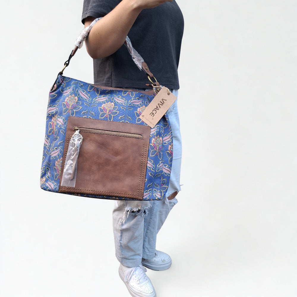 VIVACE Handbag: BLUE Canvas Handbag with MULTICOLOUR FLOWERS and BROWN PU Leather Trim