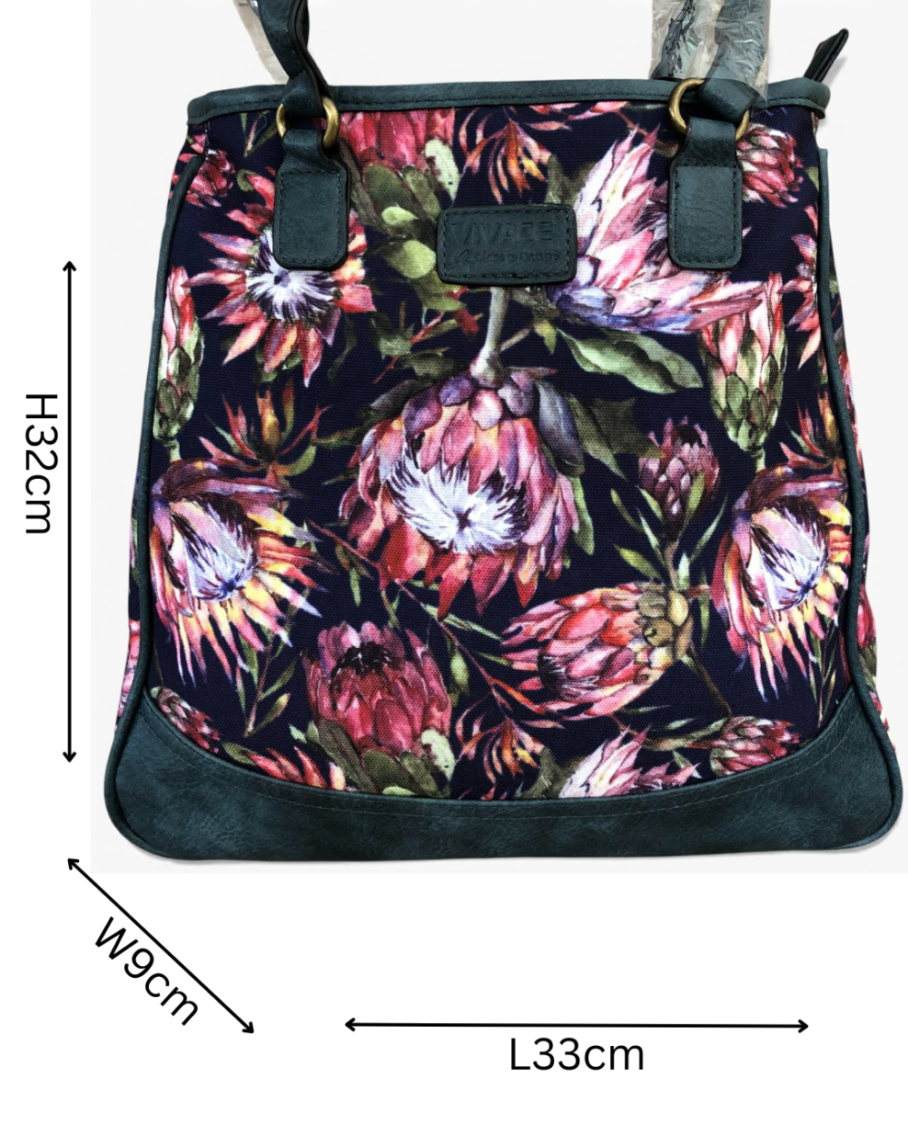Vivace blue Protea canvas handbag front view sized