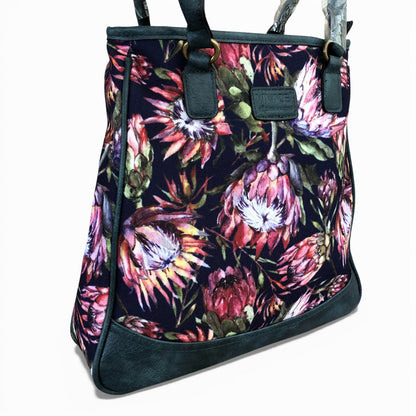 Vivace blue Protea canvas handbag front view straps