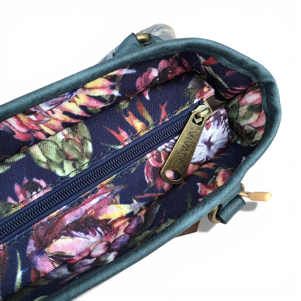 Vivace blue Protea canvas handbag top zip view