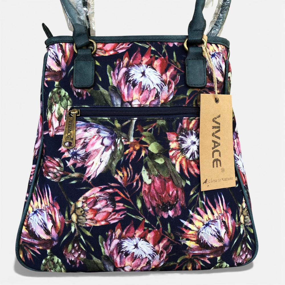 Vivace blue Protea canvas handbag rear view