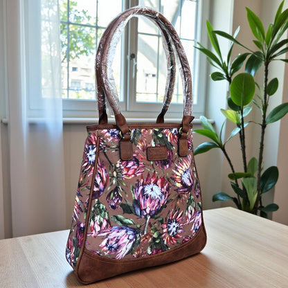 Vivace brown Protea canvas handbag front view