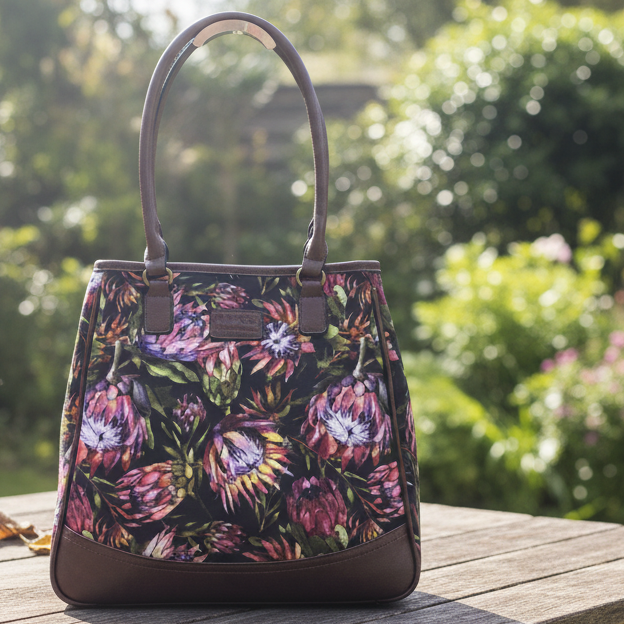 VIVACE Handbag: CHOCOLATE BROWN Canvas PROTEA Handbag with BROWN PU Leather Trim