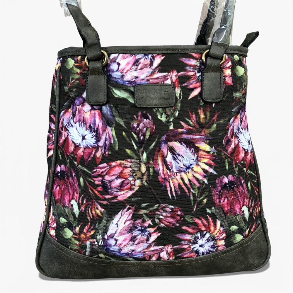 Vivace green Protea canvas handbag front strap view