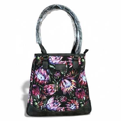 Vivace green Protea canvas handbag front view on white