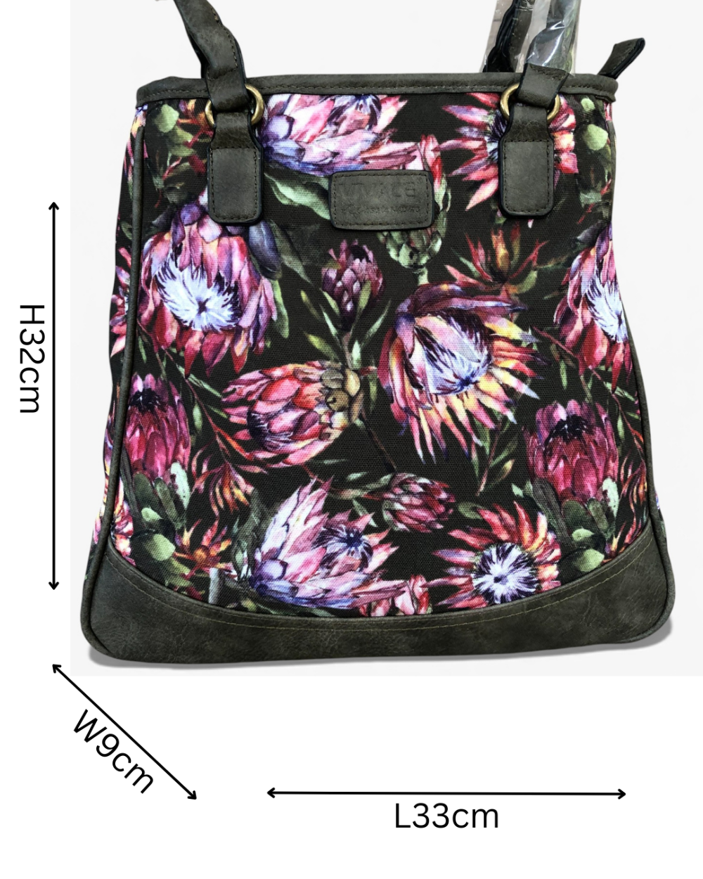 Vivace green Protea canvas handbag front view sized