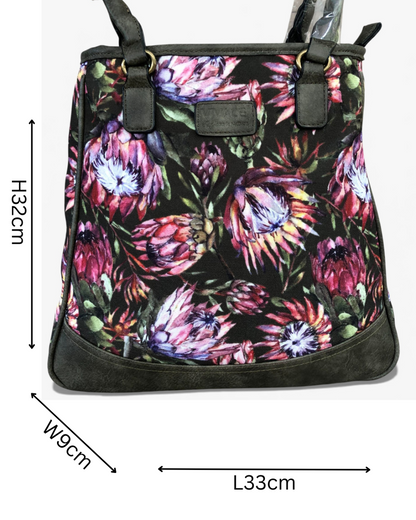 Vivace green Protea canvas handbag front view sized