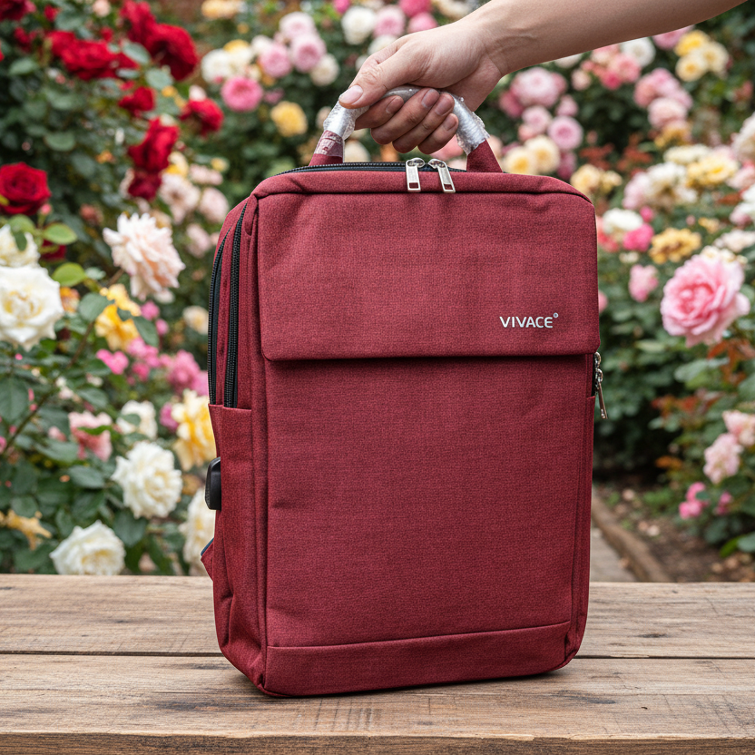 Red backpack with 'Vivace' branding held by a hand against a floral background