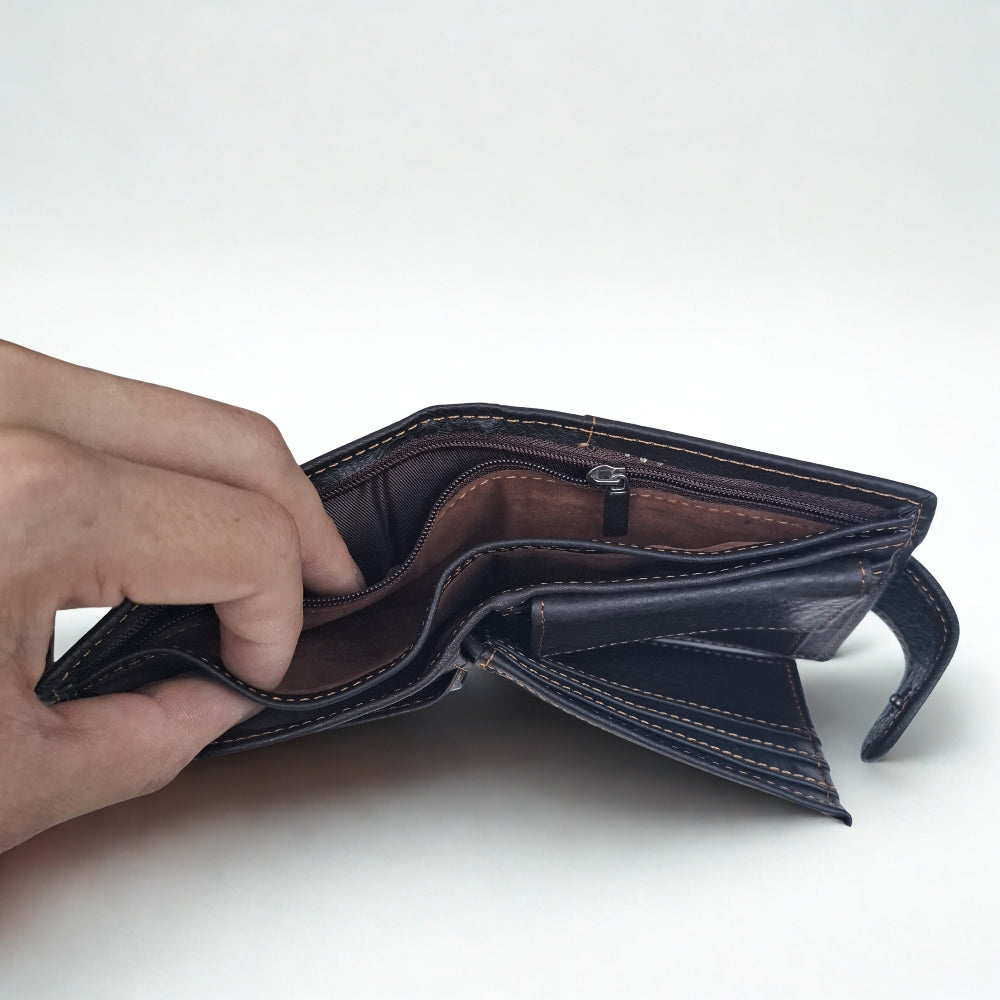 Vivace Men's Wallet: DARK COFFEE Genuine Leather embossed Wallet with Clip and Zip detailing