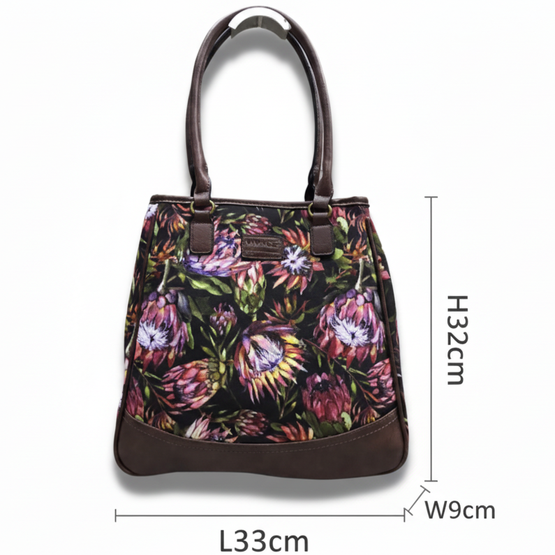VIVACE Handbag: CHOCOLATE BROWN Canvas PROTEA Handbag with BROWN PU Leather Trim sized