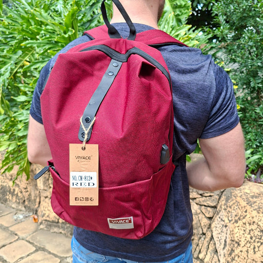 Vivace red canvas laptop backpack carry view. 