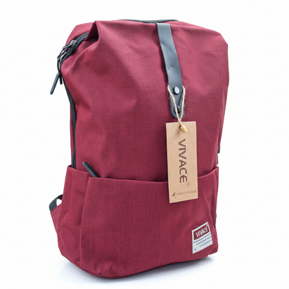 Red backpack with a 'Vivace' tag on a white background