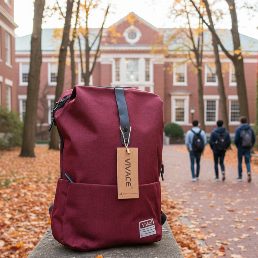Red backpack with 'Vivace' tag on a stone ledge in an outdoor setting with people and buildings in the background.
