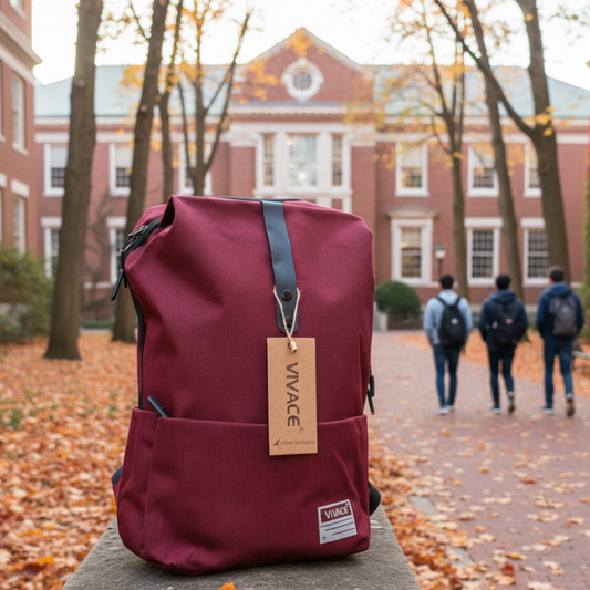 Red backpack with 'Vivace' tag on a stone ledge in an outdoor setting with people and buildings in the background.