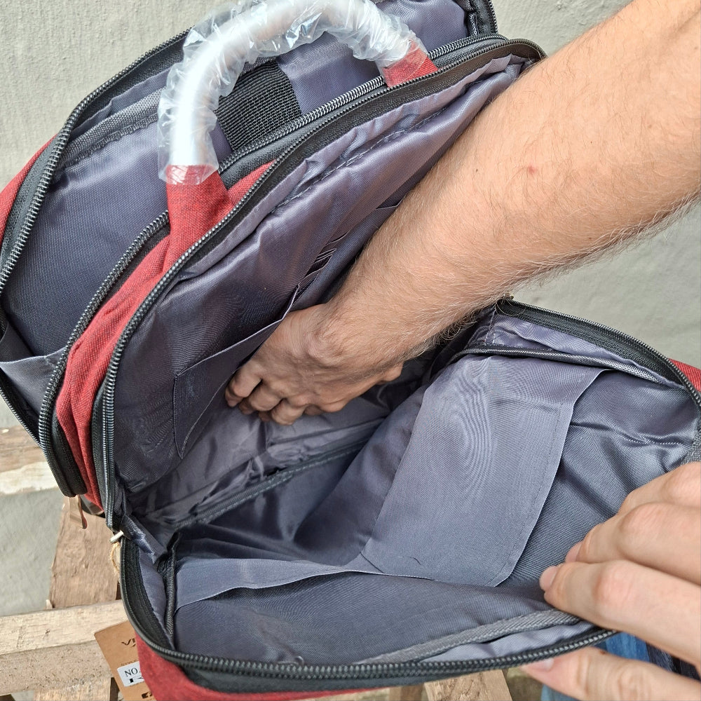 Vivace Red laptop backpack open view. 