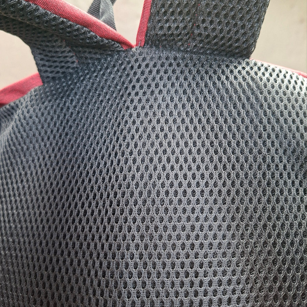 Vivace red canvas laptop backpack rear side view. 