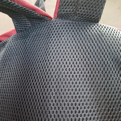 Vivace red canvas laptop backpack rear side view. 