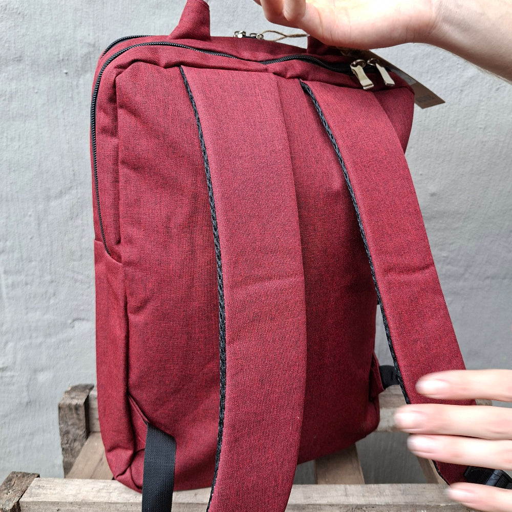 Red Vivace Laptop Backpack rear view. 