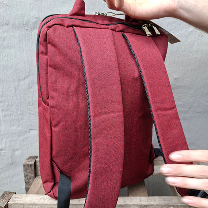 Red Vivace Laptop Backpack rear view. 