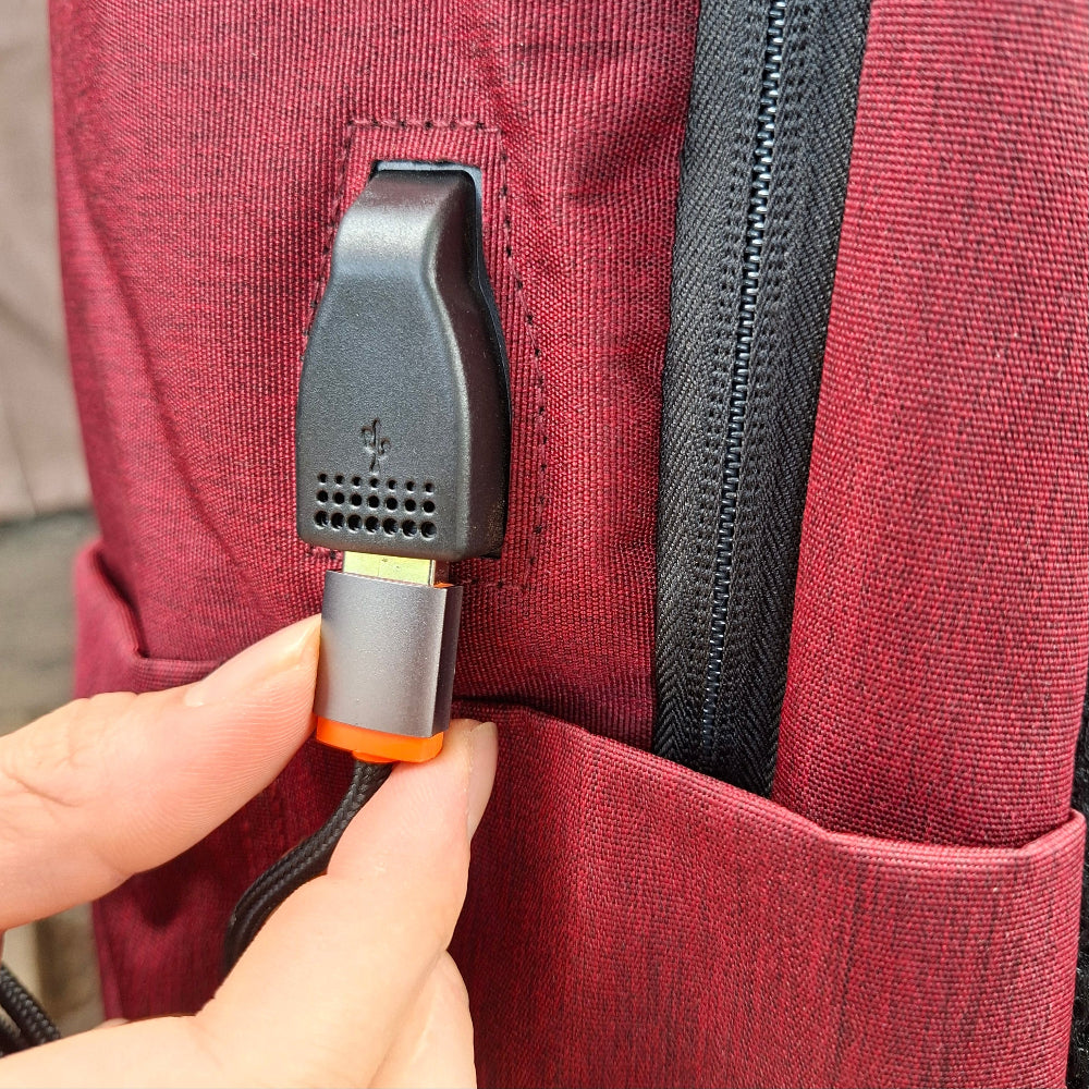 Vivace red canvas laptop backpack usb port view. 