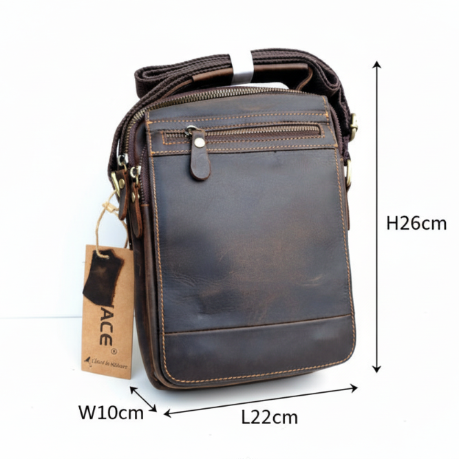 Vivace Dark Coffee leather larger sling bag with dimensions on a white background