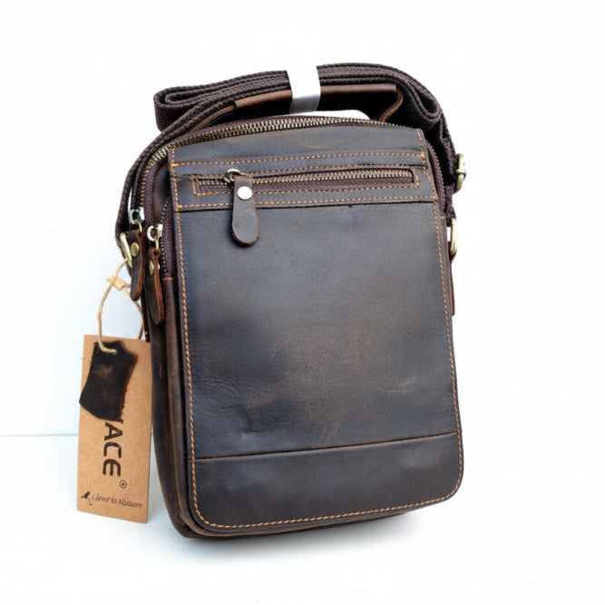 Vivace dark coffee leather sling bag front view on white background